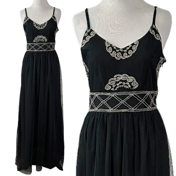 Sea Gypsies Black Tulle Maxi Dress Small Goddess Witchy WhimsyGoth Embroidered - Picture 1 of 12